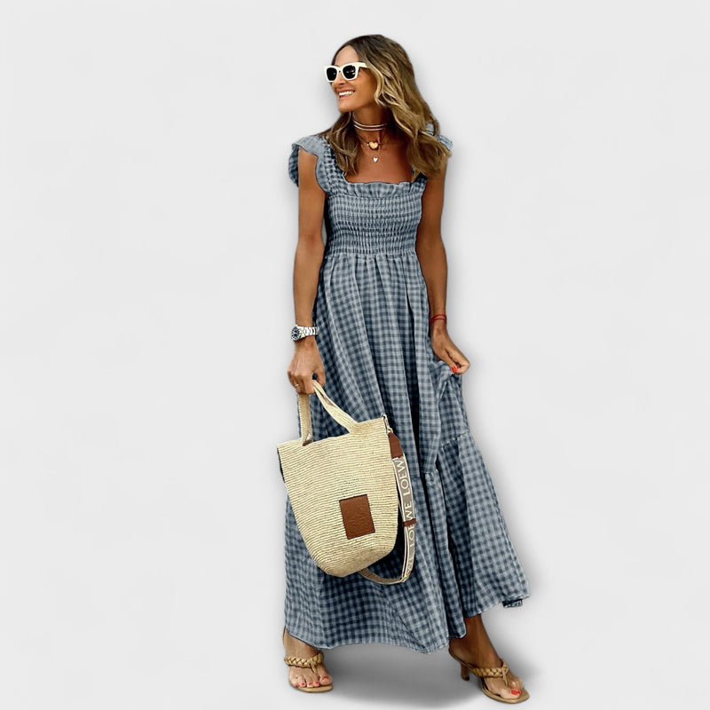 Elara – Smocked Gingham Maxi Dress
