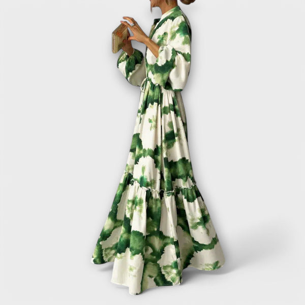 Melina - Green Maxi Dress with Long Sleeves and V-Neck