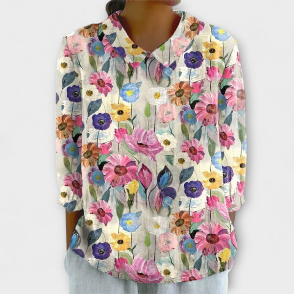 Kelly - Vintage Floral Cotton-Linen Blouse